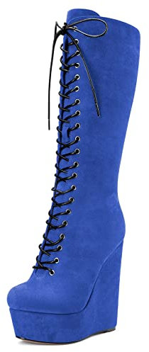 Castamere Donna Zeppa Alto High Tacco Heel Chiusa Rotonda Punta Metà polpaccio Lacci Cerniera Classico Stivali Blu Reale 40 EU