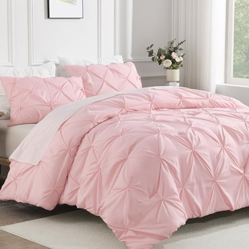 Andency Pinkes Bettdecken-Set für Queen-Size-Betten (228x228 cm), 3-teilig (1 Biesendecke und 2 Kissenbezüge), leichtes Klemmfalten-Bettwäsche-Set für Queen-Size-Bett, weiche Mikrofaser-Bettwäsche-Set