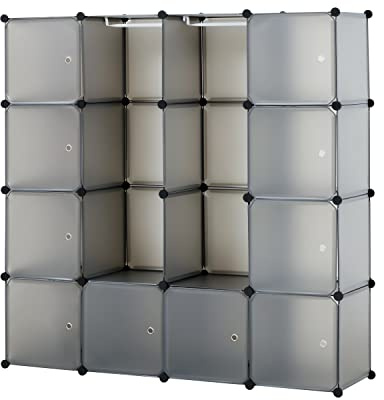 Baroni Home Platzsparende Kleiderschrank, Steckregal mit stapelbaren Fächern mit Türen, Organisatoren aus Kunststoff, Würfel Regalsystem für Wohn- oder Schlafzimmer, Flur, Mattgrau (16 Fächern)