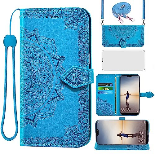 Asuwish Funda Mandala para Huawei P20 Lite con Cuerda y Cristal Protector de Pantalla Tarjetero Plegable Cadena Cuero Monedero Hawaii P 20 P20lite 20P ANE-LX1 Nova 3E Carcasa Case Azul