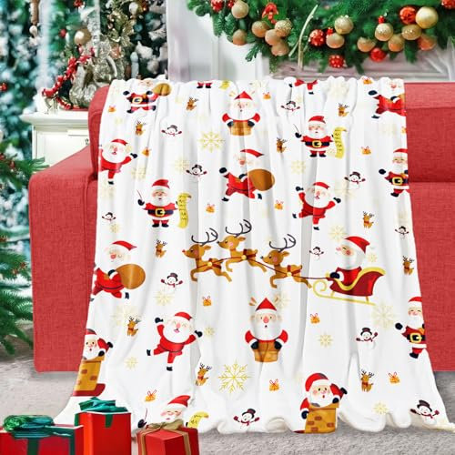 Kuscheldecke Weihnachten Decke mit Weihnachtsmann Elch Rentier Weich Warm Plüsch Merry Christmas Flanell Fleece Wohndecke für Xmas Weihnachts Geschenke Winterurlaub Party Couch Bett Deko, 130x152cm