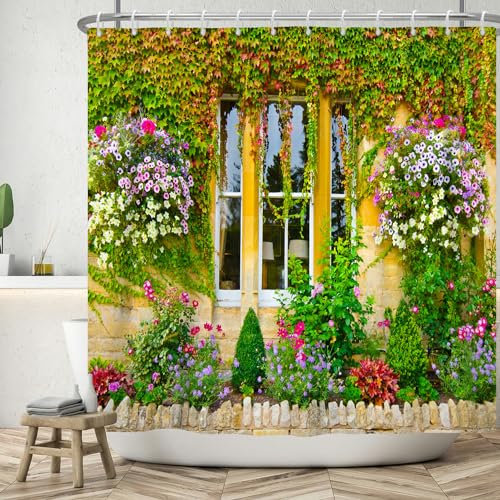 ASDCXZ Rideau de Douche de Jardin 240x180 cm, Jardin de Printemps extérieur Fleurs colorées Mur Orange Feuilles Vertes Lavables Textile Rideau de Bain imperméable pour Baignoire