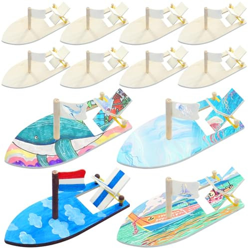 Tundwhite 12 Stück DIY Holz Segelboot Set für Kinder, Holz Segelboot Bausatz Kinder, DIY Malerei Holzboot für Förderung der Praktischen Fähigkeiten und des Kreativen Denkens