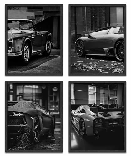 Auto-Poster, Wandkunstdrucke, schwarzes Auto, Leinwand, Wandkunst, modernes Rennwagen-Poster, Stadtstraßenszenen und luxuriöse Sportwagen-Bilder für Männer, Büro, Schlafzimmer, ästhetische Dekoration,