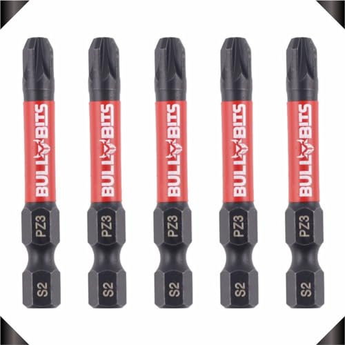 5X Bull Bits 50mm PZ3 Impact Driver Bits Set - Single Ended, Shock Zone, S2 Steel, Torsion Zone
