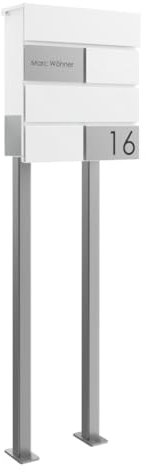 Briefkasten Manufaktur Design Standbriefkasten Kant Edition mit Zeitungsfach - Elegance 3 individuell mit Ihrem Namen & Hausnummer - 120cm Edelstahl-Ständer (RAL 9016 verkehrsweiß)