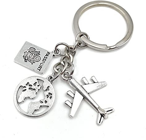 Onwomania Porte-clés en métal avec motif avion, globe terrestre, passeport, porte-bonheur dans une boîte cadeau en aluminium, idéal pour offrir, argenté, taille unique