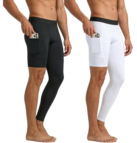 Hotfiary 2 Pack Men's One Leg Compression Pants Basketball Trousers Tights Long Leggings Football Single Leg Sleeve Sports Athletic Base Layer Running Workout Quick Dry & Breathable