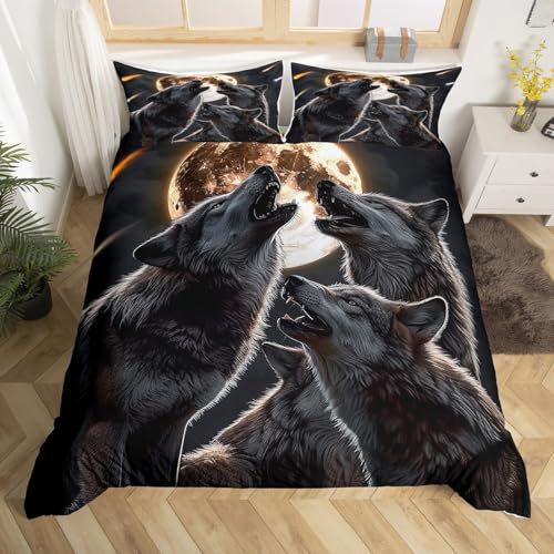 Homewish Wolf Bettbezug 155x220 für Jungen Mädchen Kinder,Galaxy Moon Wolf Bettwäsche Set Goth Zimmer Dekor,Jagd Safari Wildlife Tröster Abdeckung 3D Tier Druck Wölfe Bett Set