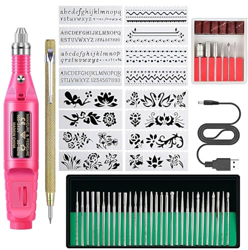 XLENTGEN Elektrischer Gravierstift, 60 Stück Multifunktionswerkzeug Mit Gravurzubehör Mini Gravurwerkzeug DIY Rotationswerkzeug für Holz, Schmuck, Metall, Keramik, Kunststoff, Fingernagel