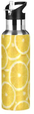 Wasserflasche mit Strohhalm, auslaufsicher, Wärmflasche, Sommergelb, Zitrone, vakuumisolierte Flasche für Mädchen, Jungen, Sport, 600 ml