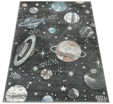 AKCILA Lima Rechteckig Kinder Teppich 140x190 cm, Kinderzimmer Kurzflor Teppiche, Kinderteppich Mädchen, Jungen, Kids Carpet, Spielteppich Kinder Babyzimmer Tepich, Kosmos, Planeten,Wohnzimmer Teppich