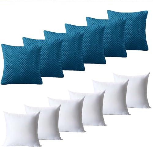 BedLooms Cushions with Covers Included 45 x 45 cm Set of 12 (6 Teal Cushion Covers, 6 Cushion Inserts) Ultrasonic Square Throw Pillow Cases Decorative Sofa Cushion with Invisible Zipper