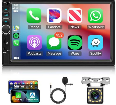 Radio de Coche 2 DIN con CarPlay Android Auto,Hodozzy Pantalla Táctil Coche de 7 Pulgadas con Bluetooth Mirror Link/Controles en el Volante/FM EQ USB AUX Reproductor Multimedia de Coche+HD Cámara