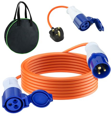 10m Caravan Hook Up Cable - 240V 16A Camping Extension Lead with 3 Pin Fly Lead Converter and Carrying Bag, Power Cord Electric Extension Cable for Motorhomes Campervans
