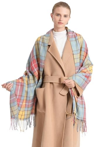 Miss Lulu Damen Schal Kariert übergroßer Quadratisch Deckenschal Winterschal Karo Tartan Streifen Plaid Muster Oversized Fransen Poncho