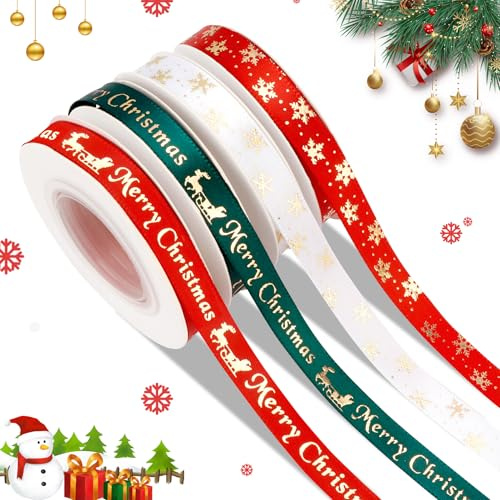 Geschenkband Weihnachten 36 Meters 4 Rollen Weihnachtsbänder Schleifenband | 10mm Weihnachten Geschenkband Rot Weiss Grün Geschenkbänder Weihnachten Für Weihnachtsdekoration DIY Satinband Weihnachten