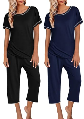 Pyjama Damen 2er-Pack: Damen-Pyjamas, kurzärmelige Nachtwäsche, Oberteile und Capri-Hosen, Bedruckte Pyjama-Sets mit Taschen, Pyjama-Anzug Schlafanzug Baumwolle Damen Sleepshirt Damenarm