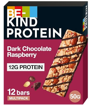 BE-KIND Protein-Riegel Dark Chocolate Raspberry glutenfrei 12 x 50g | Glutenfreier Proteinriegel mit dunkler Schokolade und Himbeere — ballaststoffreicher Snack fürs Büro, Sport oder unterwegs