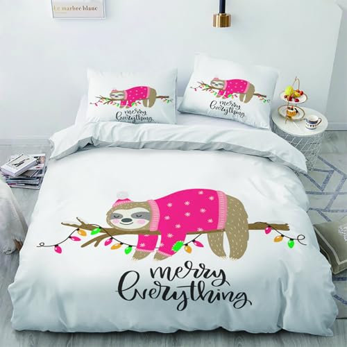 Weihnachten Kinder Bettwäsche 155x220 Winter - Süße Faultier Bettbezug 155x220 3 Teilig, Weiche & Angenehme Mikrofaser Bettbezüge & 2 Kissenbezug 80x80, Bettwäsche-sets mit Reißverschluss J#&-274
