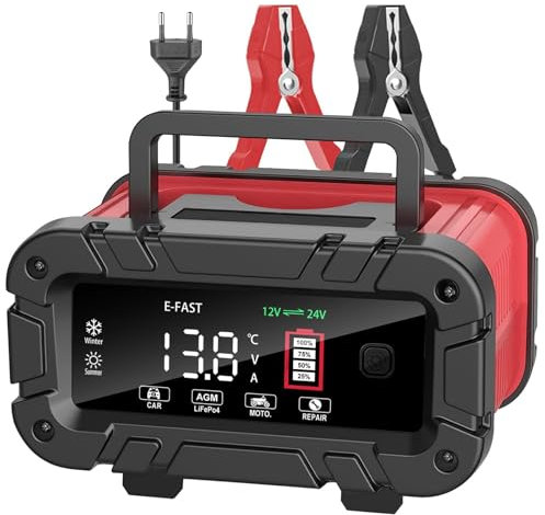 Caricabatterie Auto Moto 12V/24V 10A Intelligente con LCD, Mantenitore per Batterie AGM, Gel, SLA, LiFePO4, per Camion, Barche, Trattori