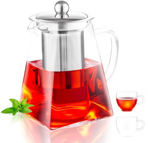 MS WGO Square Shape Infuser Tea Pot Set, 550ml/18.6oz Handmade Glass Teapot with Infuser, Heat-Resistant Borosilicate Glass Teapot with Strainer with 2 Cups