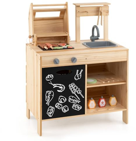 GOPLUS Set de Juguete de Parrilla de Barbacoa de Madera con Pizarra, Set de Juego para Niños con Comida de Juguete, Herramientas para Asar y Botellas, Set de Cocina para Niños