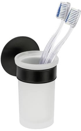 Schöner Wohnen Kollektion Zahnputzbecherhalter Mod. Meleto aus rostfreiem Edelstahl in Schwarz matt mit satiniertem Glas für einfache Wandmontage Maße 7 cm x 12 cm x 10 cm