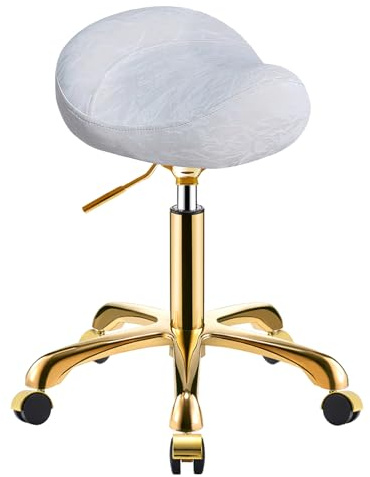 SCGSJZH Gold Sattelhocker mit Rollen, Professionelle Rollhocker Höhenverstellbar, PU Leder Drehhocker, Salon Spa Kosmetik Hocker, Ergonomisch Sattelstuhl (Weiß, ohne Rückenlehne)
