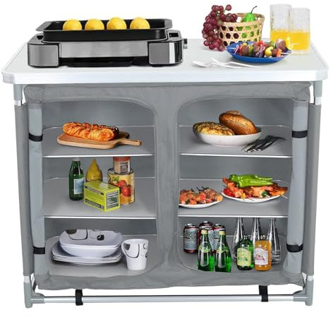 XEMQENER Campingküche Faltbarer mit Tragetasche, 9.6kg Alurahmen Tragbar Campingschrank mit MDF Tischplatte, Campingmöbel Küchenbox Reiseküche, Großer Kapazität Camp Kitchen(Grey, 100×49.5×79.5cm)