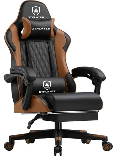 LUCKRACER Silla de gamer, silla ergonómica de oficina con reposapiés ajustable lumbares y almohada, silla de gaming acolchada, sillón de gaming, 150 kg, capacidad de carga de 150 kg, color marrón