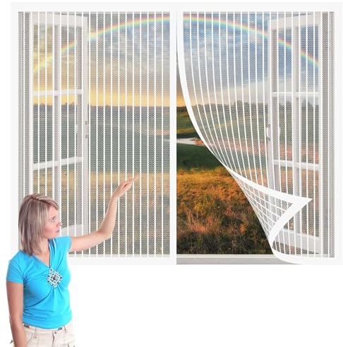 Moustiquaire de Fenêtre 254 x 73 cm avec Aimants Moustiquaire sur Rideau Facile à Installer Sans Perçage pour Fenêtres et Portes, Blanc