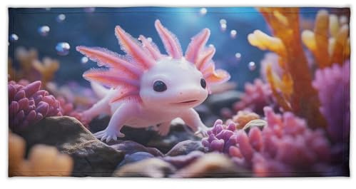 YISUMEI Badetuch mit Axolotl im Korallenriff, 70 x 140 cm Mikrofaser Strandtuch, Weich und Saugfähig Handtücher für Bad und Pool