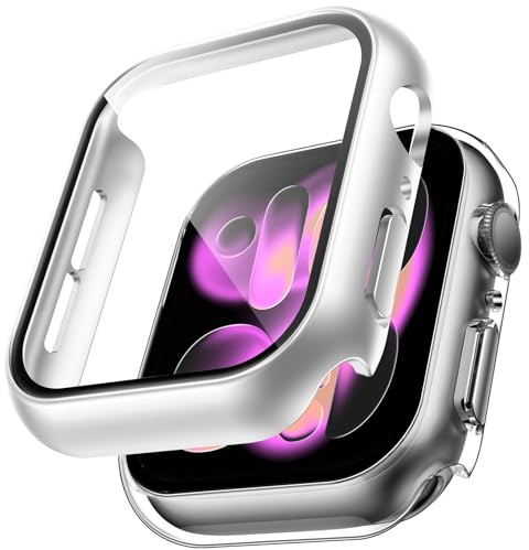 TAURI 2 Stück Harte PC Hülle für Apple Watch Series 11/10 42mm, [360° stoßfest] mit 9H Gehärteter Glas Displayschutz und Hoher Empfindlichkeit, Kratzfeste Schutzhülle - Silber+Durchsichtig