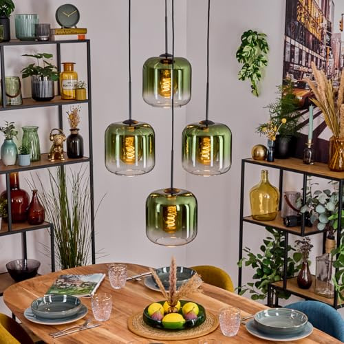 HOFSTEIN Hängeleuchte Lauden, 4-flammige Hängelampe aus Metall/Glas in Schwarz/Grün/Klar, moderne Pendelleuchte im Retro/Vintage-Design (Schirme Ø 20 cm), E27, Esszimmer, Küche, Wohnzimmer