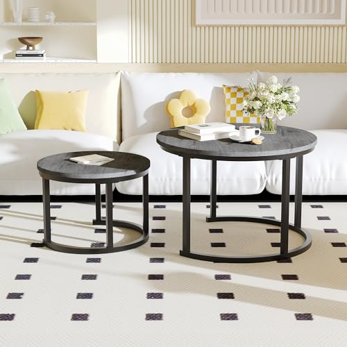 HOMERECOMMEND Couchtisch Rund,Satztisch 2er Set,Couchtisch aus Holz,Grau | Wohnzimmertisch Modern,Beistelltisch Set mit Metallgestell für Wohnzimmer Balkon Büro
