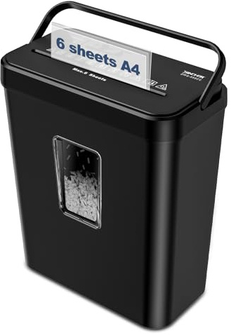 VACLANY 6 Sheet Cross Cut Paper Shredder, Shreds Credit Cards, Staples, 4 Operation Modes, Portable Handle Design, Compact Shredder with 13L Wastebasket & Transparent Window for Home Office