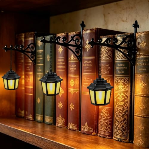 3 x Bücherregal Lampe, Vintage Library Lantern mit Buchstütze (Laternex3) | Bookshelf Lamp mit LED Light, Retro Dekorative Bücherregallampe Mini Laterne für Zuhause Leseecke, Buchliebhaber Geschenk