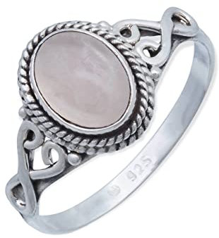 mantraroma Damen Ring 925 Silber Rosenquarz Edelstein rosa ausgefallen verspielt