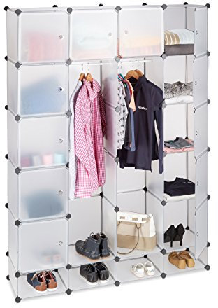 Relaxdays Kleiderschrank Stecksystem aus Kunststoff, 18 Fächer mit Tür, großer Garderobenschrank 145x200 cm, transparent