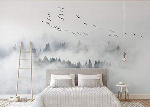 Papier Peint 3D Oiseaux Scandinaves Et Mur De Nuages Et La Brume Historique Des Pins Moderne Intissé Décoration Murale (400cmX280cm)