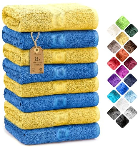 NatureMark 8er Pack Handtücher, 100% Baumwolle, 50 x 100 cm, Handtuch Set Gelb/Royalblau