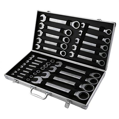 22 Teiliges flexible Gelenk Ratschenringschlüssel Ring Maulschlüssel Ratschenschlüssel Ringschlüssel Knarren Gelenkschlüssel Werkzeug Set Größen 6 mm bis 32 mm (Fest)