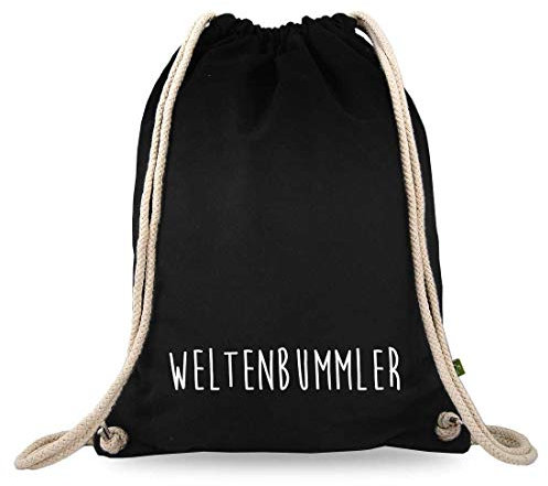 Turnbeutelliebe® Turnbeutel mit Spruch - Weltentdecker - Verschiedene Motive - Baumwolle schwarz - Sportbeutel - Rucksack - ca. 12 Liter - 37 x 46 cm (Weltenbummler)