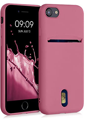 kwmobile Cover compatibile con Apple iPhone SE (2020/2022) / 8/7 - in Silicone morbido - Custodia con scomparto porta carte biglietti - Back Case rosa scuro matt