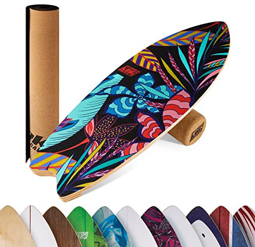 BoarderKING Indoorboard Wave Balance Board für Surfen und Indoor, Balance Board für NeuroMuscular Response Training, Schutzmatte inklusive, Blumen