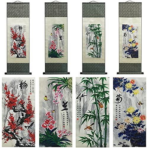Rollbild Seidenmalerei Asiatisch Wand Dekoration 4 Gerechte Männer Blumen - Pflaume Orchidee Bambus Chrysantheme Schön Chinesische Kunstwandrolle Hängende Bildrolle Orientalisches Dekor (4 Stück)