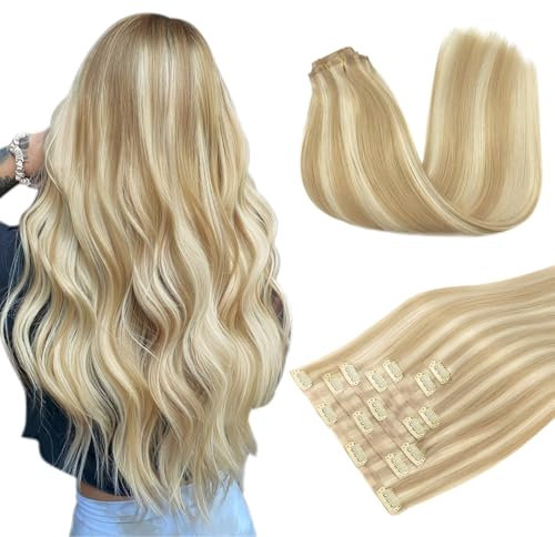 DOORES Nahtlose Clip In Extensions Echthaar, Dreckiges Blond Highlights Bleichblond 45cm 18 Zoll 7 Stück 110g Remy Menschlich Clips in Haarverlängerung Natürliche Echthaar Extensions Dicke Haare