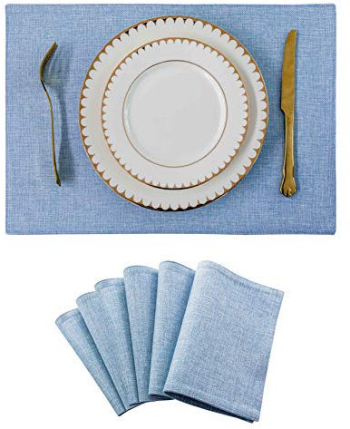 Home Brilliant Blue Placemats, Faux Linen Fabric Table Mat Set of 6, Restaurant Table Protector, 33 x 48 cm(13x19 Inch), Light Blue