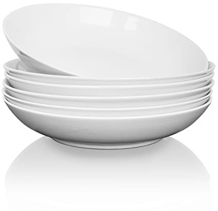 ALLUSEIT Suppenteller Keramik, 6Teilige 750ml Porzellan Pastateller, Tiefe teller Set, Frühstücksteller, Salatteller, Speiseteller, Dessertteller, Mikrowellenfest, Weiß Φ20.5cm